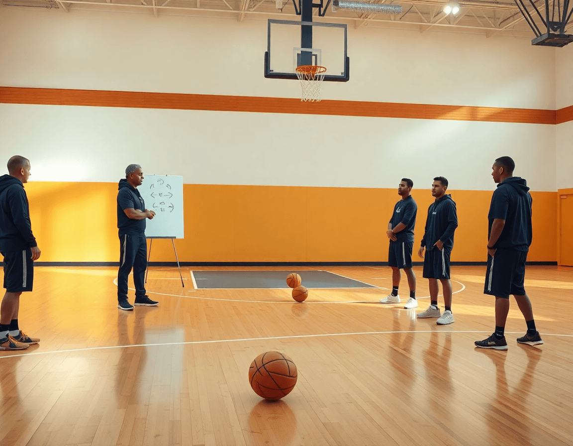 Planification des drills: coach montre l'exercice basket tir en course sur un tableau blanc entouré de joueurs.