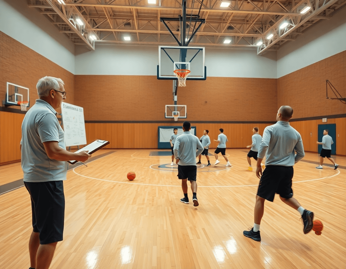 Vue panoramique d'un gymnase de basketball montrant l'exercice basket tir en course avec le coach et l'équipe.