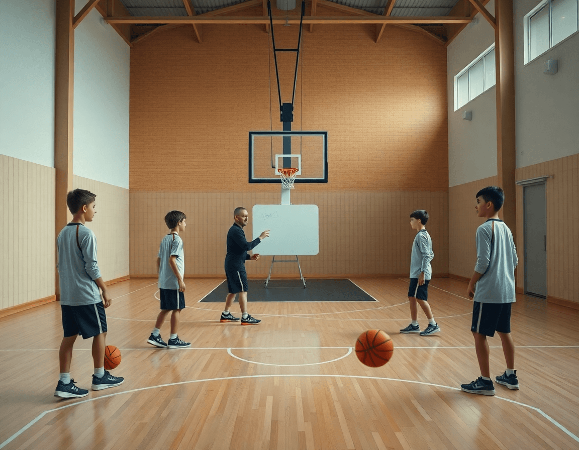 Exercice basket u11 passe: coach montre les passes et réception sur le bois.