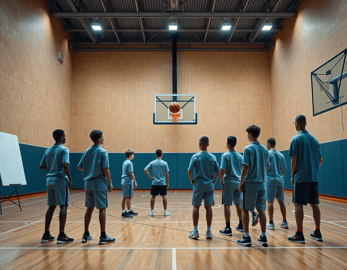 Vue générale d'un exercice basket u11 passe en salle, coach dirige les passes devant un tableau.