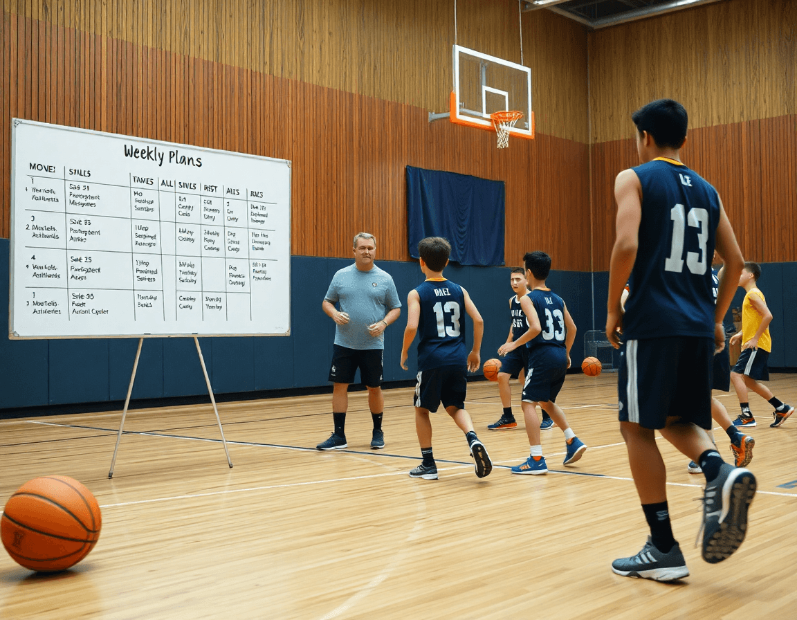 exercice basket u11 en planification: coach montre les exercices sur tableau blanc