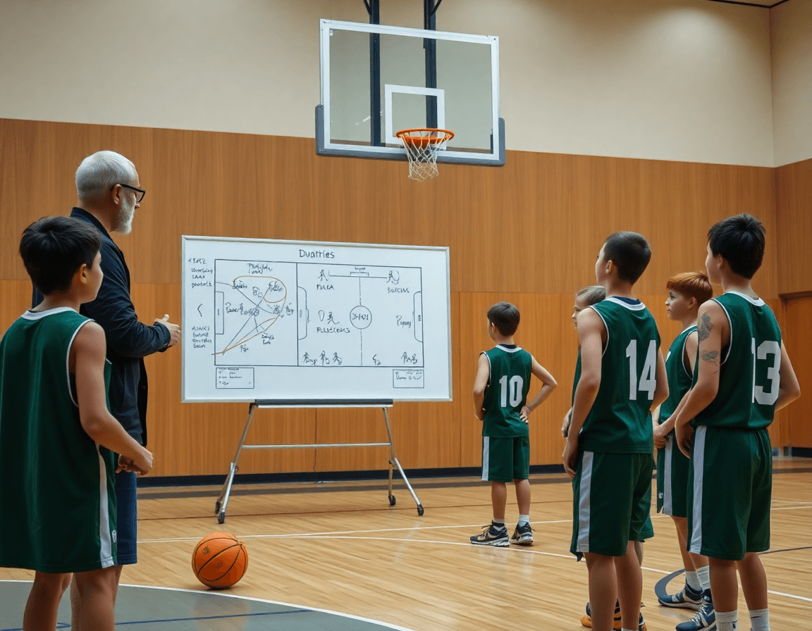 Exercice basket u11 et table tactique: coach trace les situations sur le tableau