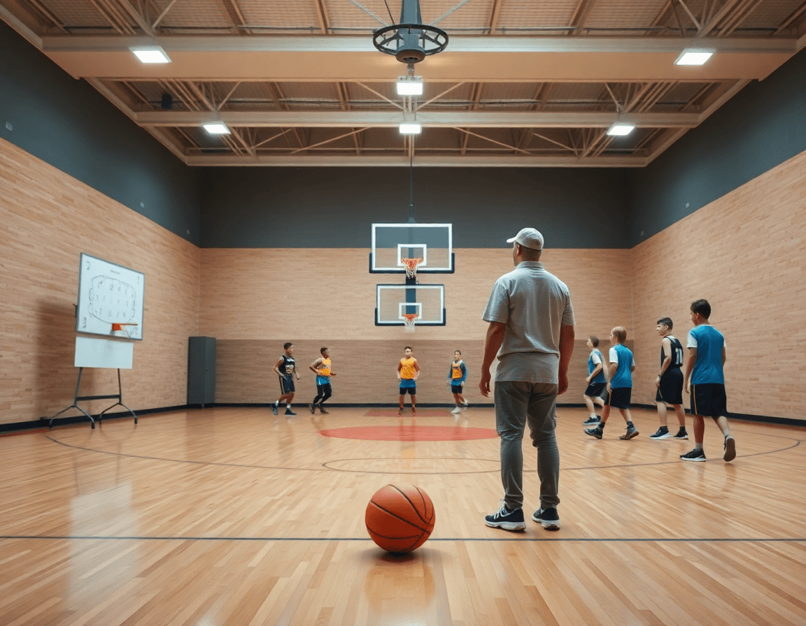 exercice basket u11 en scène générale: vue large d'un gymnase de basketball avec le coach et l'équipe.