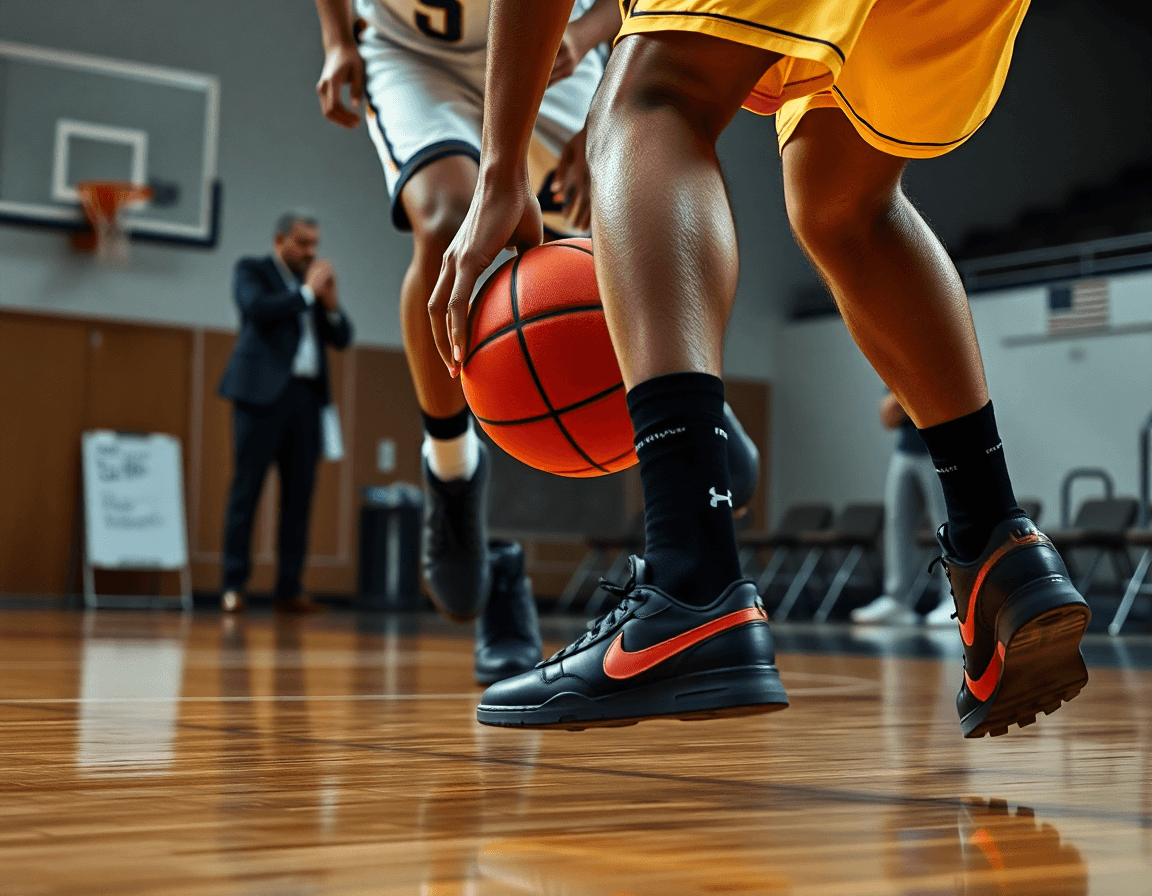 exercice basket u13 défense: vue rapprochée d’un ballon et d’un défenseur près de la ligne des trois points.