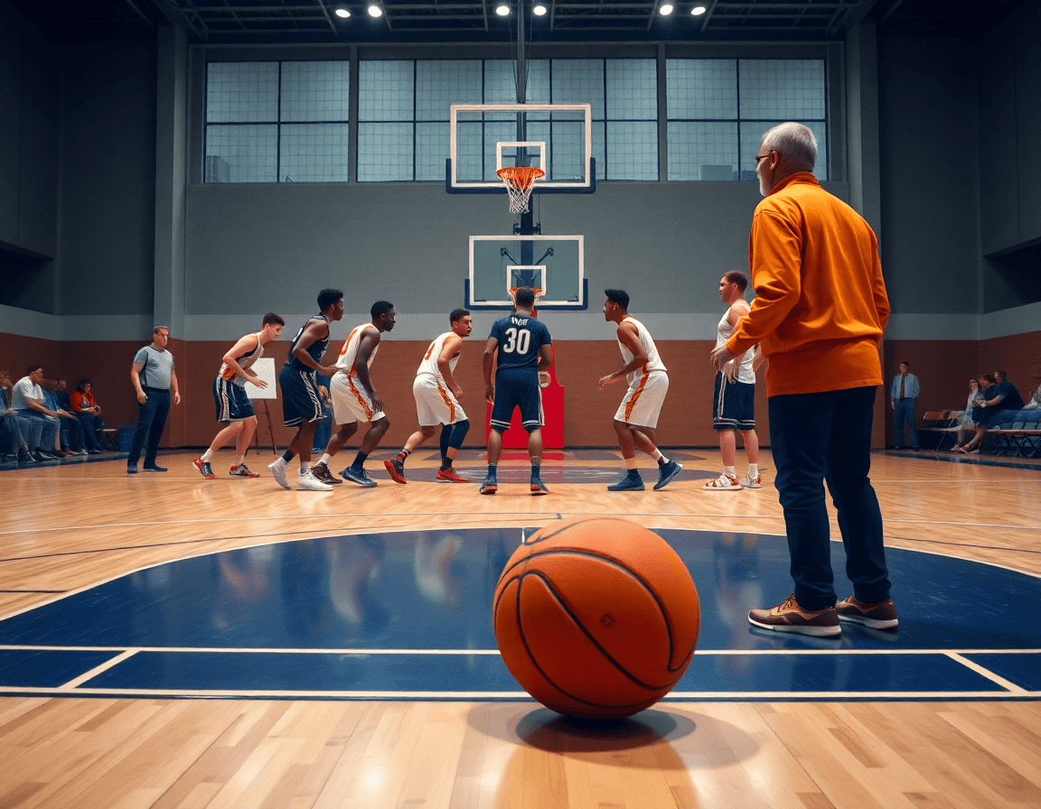 exercice basket u13 défense: rotation collective des joueurs près du panier avec le coach au bord du terrain.