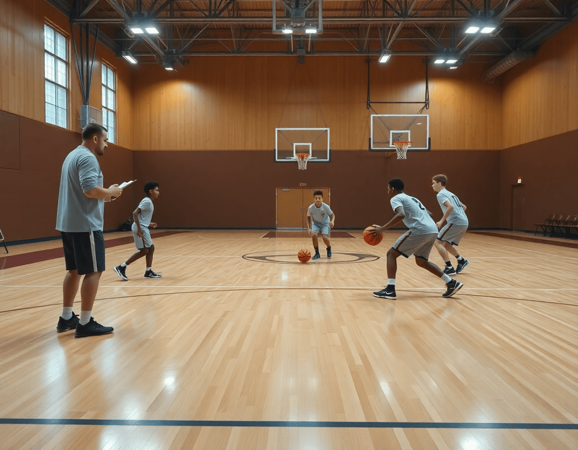 exercice basket u13 défense: vue d’ensemble d’un gymnase, coach et défenseurs en action.