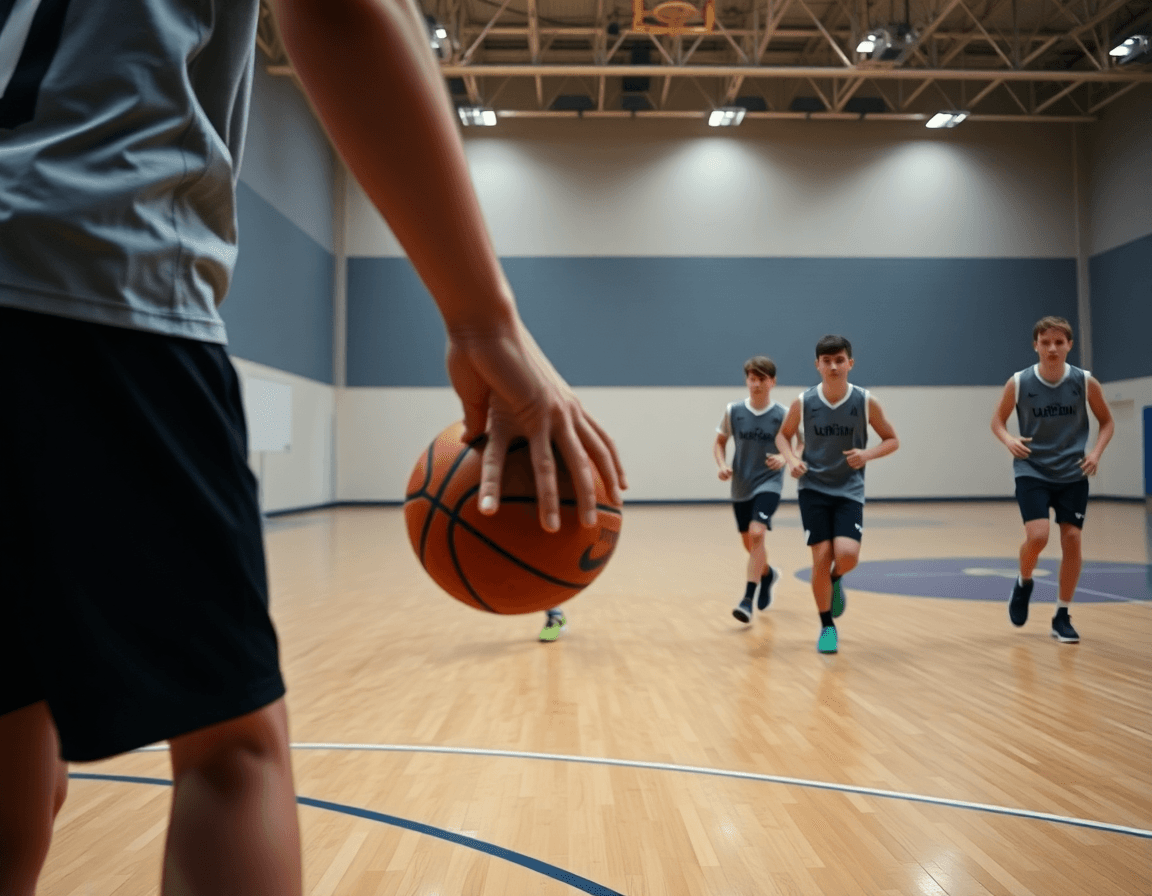 Plan serré sur les mains montrant exercice basket u13 dribble dans un gymnase.
