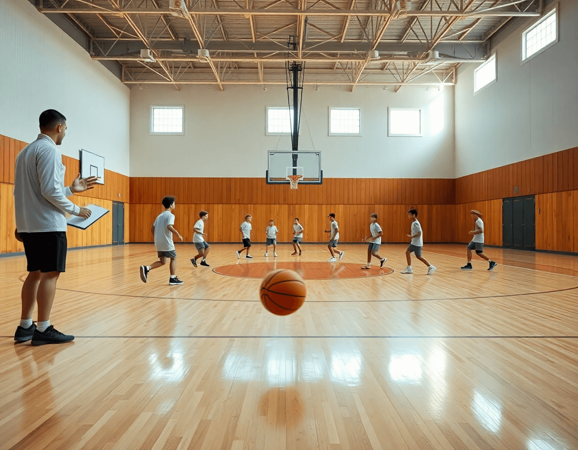 Plan d'ensemble montrant exercice basket u13 dribble dans un gymnase de basketball avec coach et jeunes.