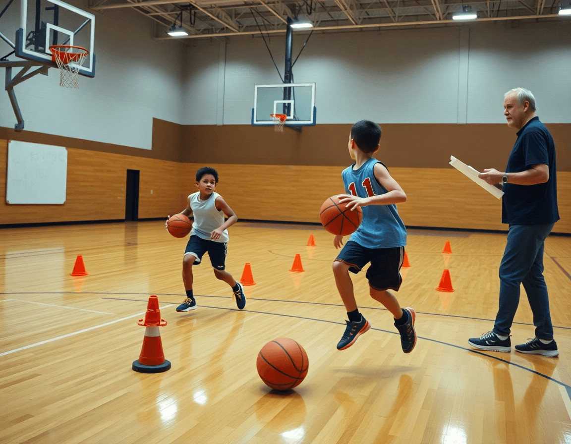 exercice basket u13 individuel pris sur le terrain intérieur, entraîneur corrigeant les gestes techniques.
