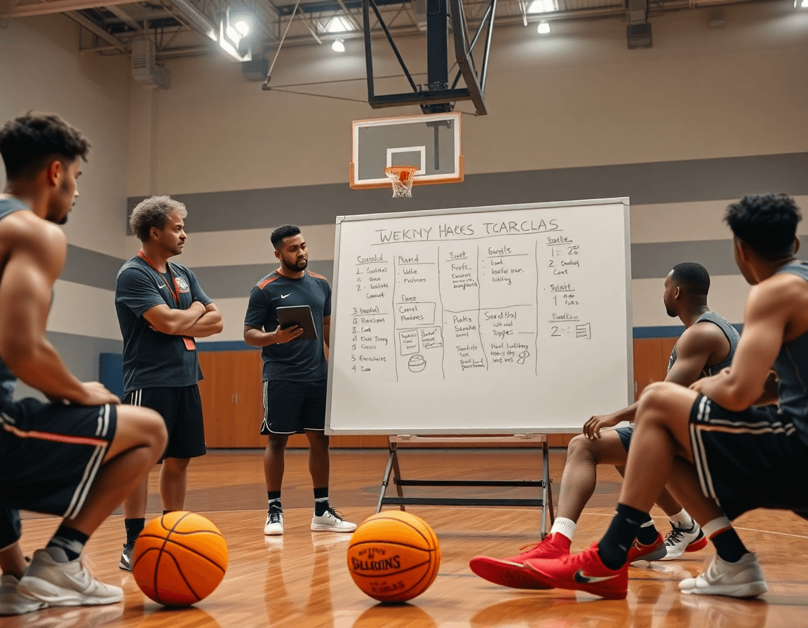 Planification visuelle de la semaine d'entraînement U13, coach et joueurs discutant le programme sur un tableau blanc.