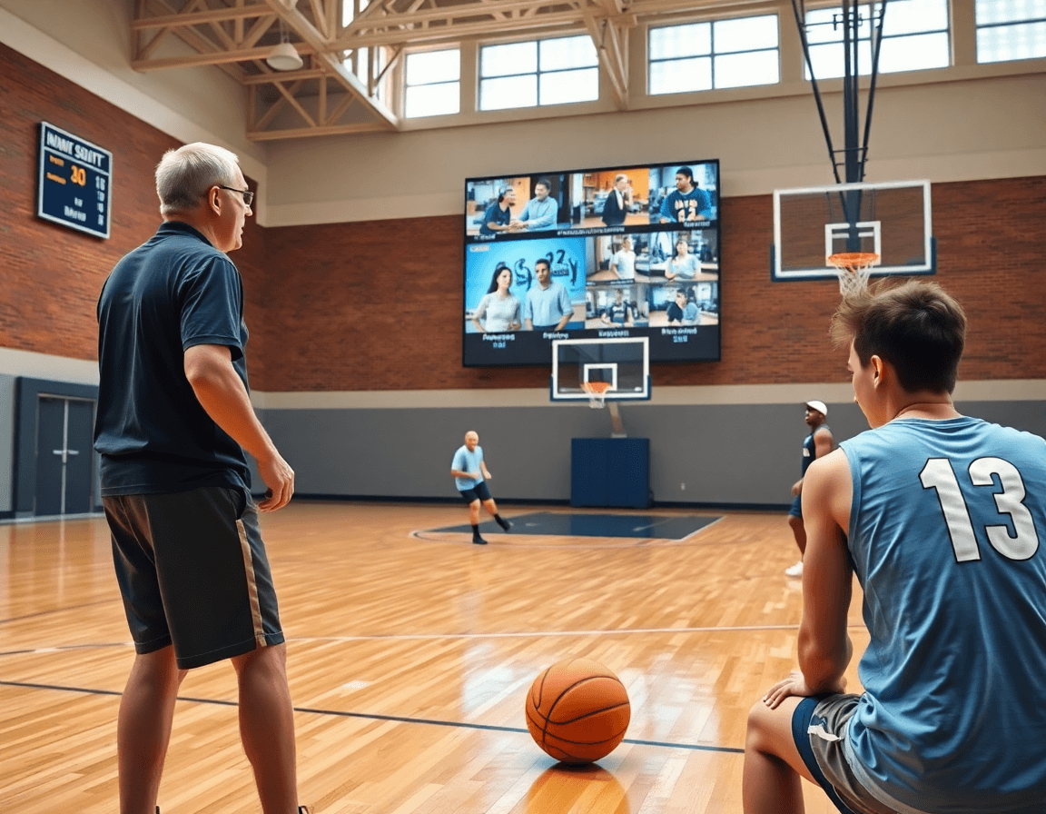 Scouting et clips vidéo pour exercice basket u13 individuel: coach indiquant les moments clés à l'écran.