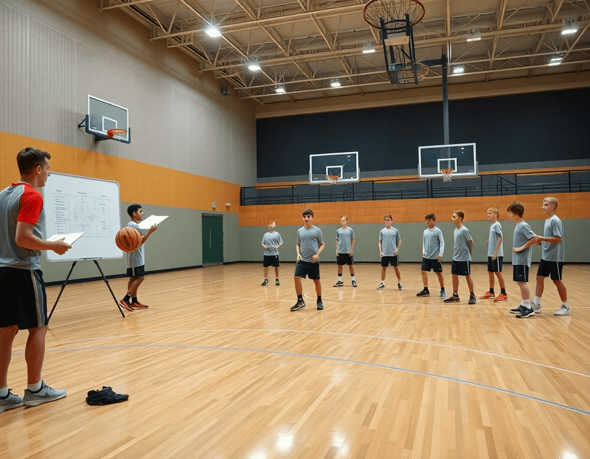 exercice basket u13 individuel en intérieur, coach dirigeant les joueurs concentrés durant la séance.
