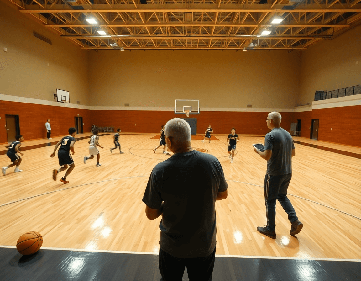 Plan large montrant un drill en court complet, passes et sprints, ballons de basketball orange près du bord.