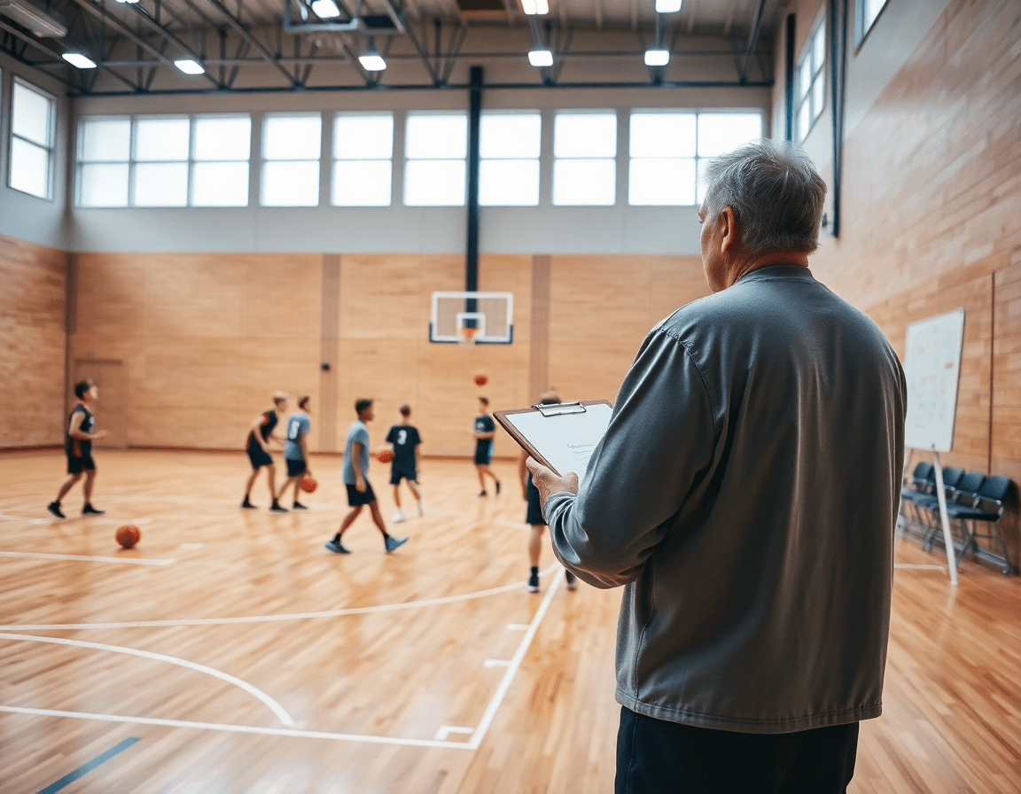 Plan large d'un exercice basket u13 pdf en action pendant l'entraînement dans un gym.