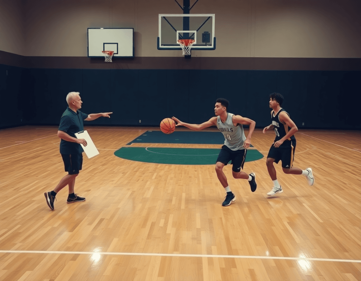Mise en place d'un exercice basket u13 et u15 sur le terrain.