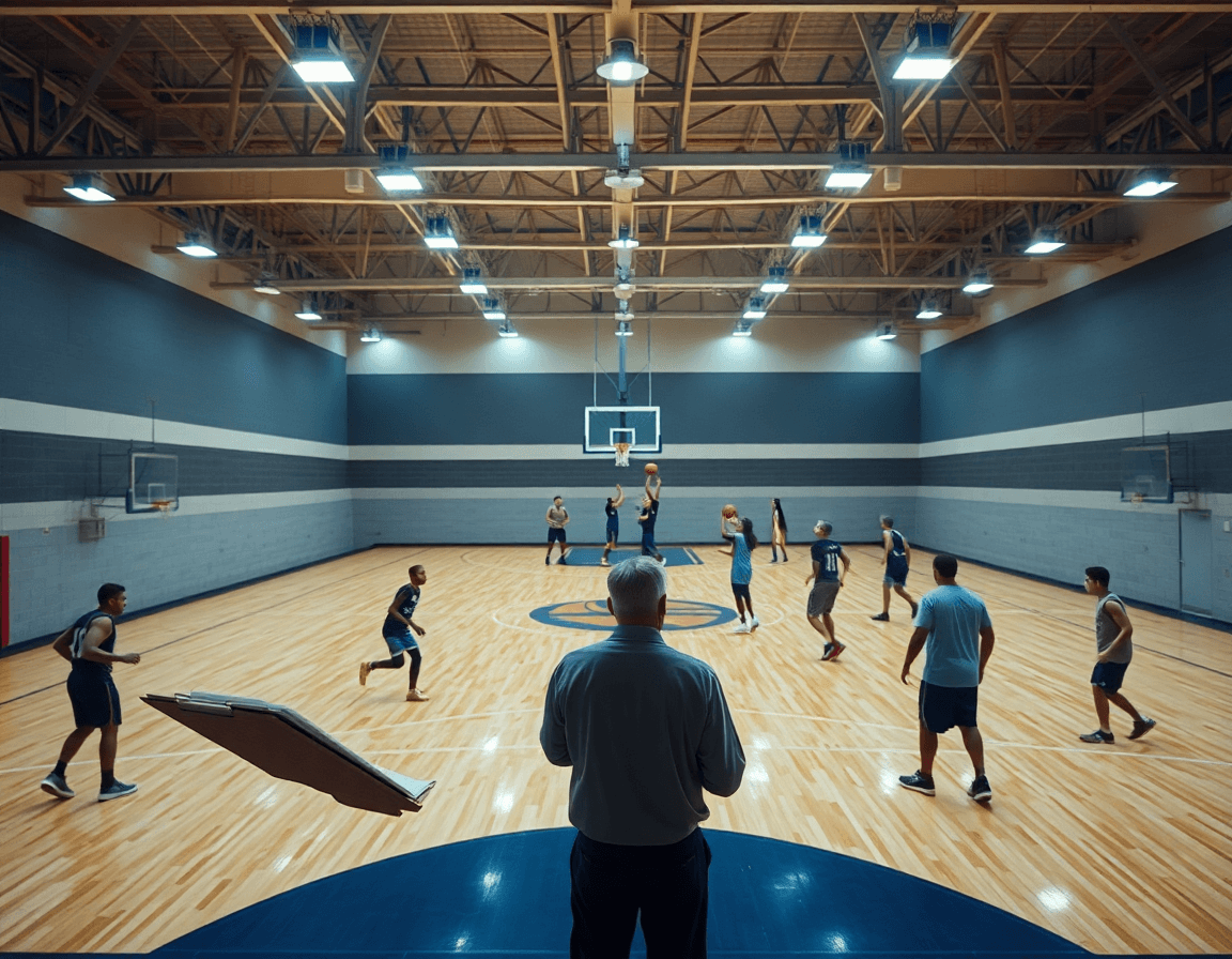 Exercice basket u13 et u15 en séance guidée par l'entraîneur dans le gymnase.