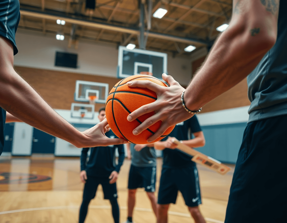 Plan rapproché sur les mains qui passent un ballon, exercice basket u13 en action.