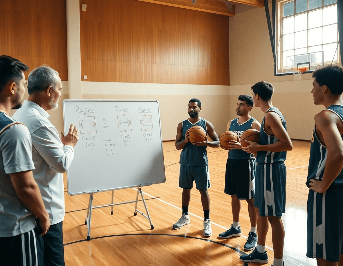 Coach explique le jeu sur tableau tactique, exercice basket u13 en formation.