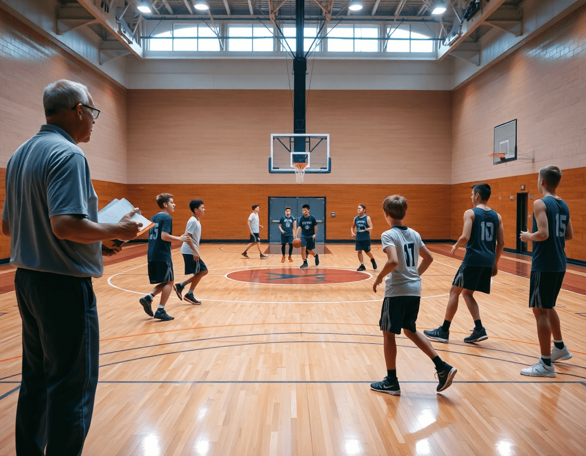 Scène grand angle d'un exercice basket u13 en plein sprint et passes sur court.