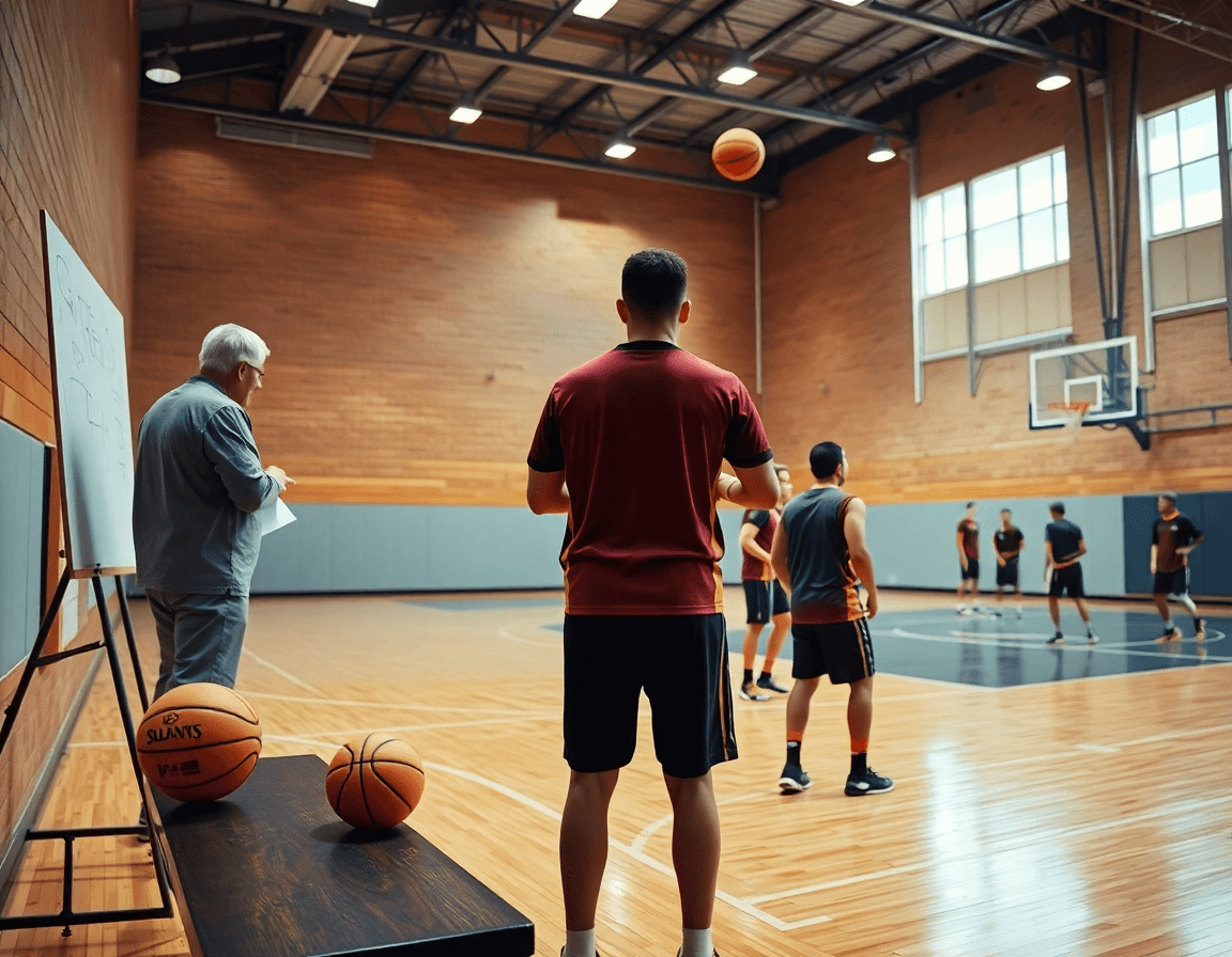Vue large d'un exercice basket u13 en séance d'entraînement sur le terrain.