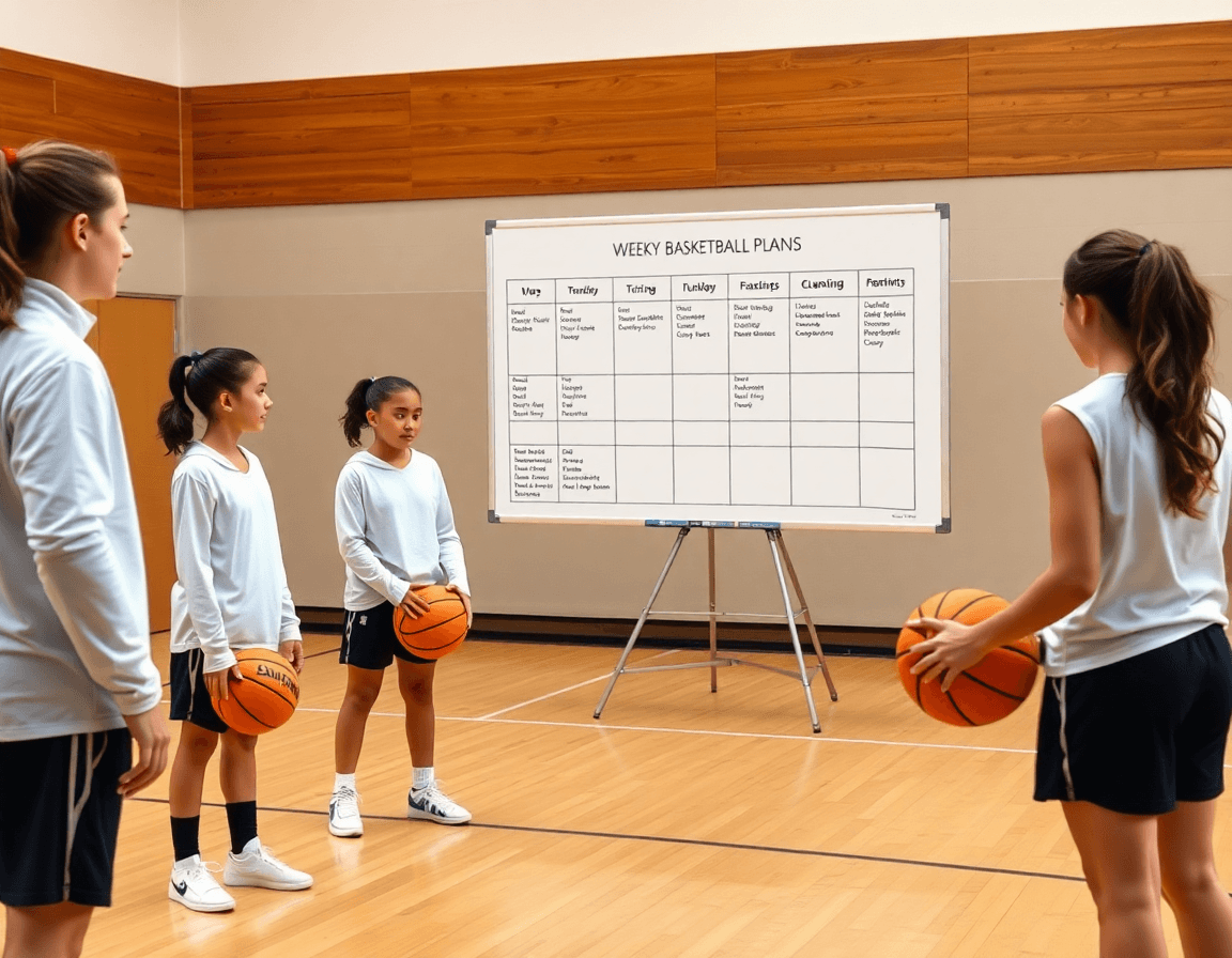 Plan hebdomadaire exercice basket u15 filles affiché près du terrain, coaching et entraînement planifiés.