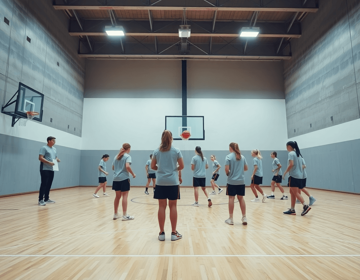 Vue panoramique d'un exercice basket u15 filles en gym, entraîneur guidant une séance dynamique.