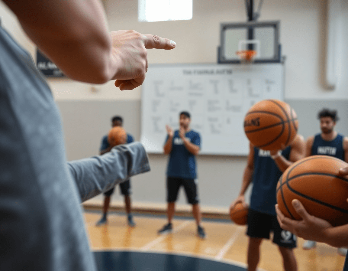 Plan serré sur l'entraîneur présentant un plan d'exercice basket U15 devant les joueurs.