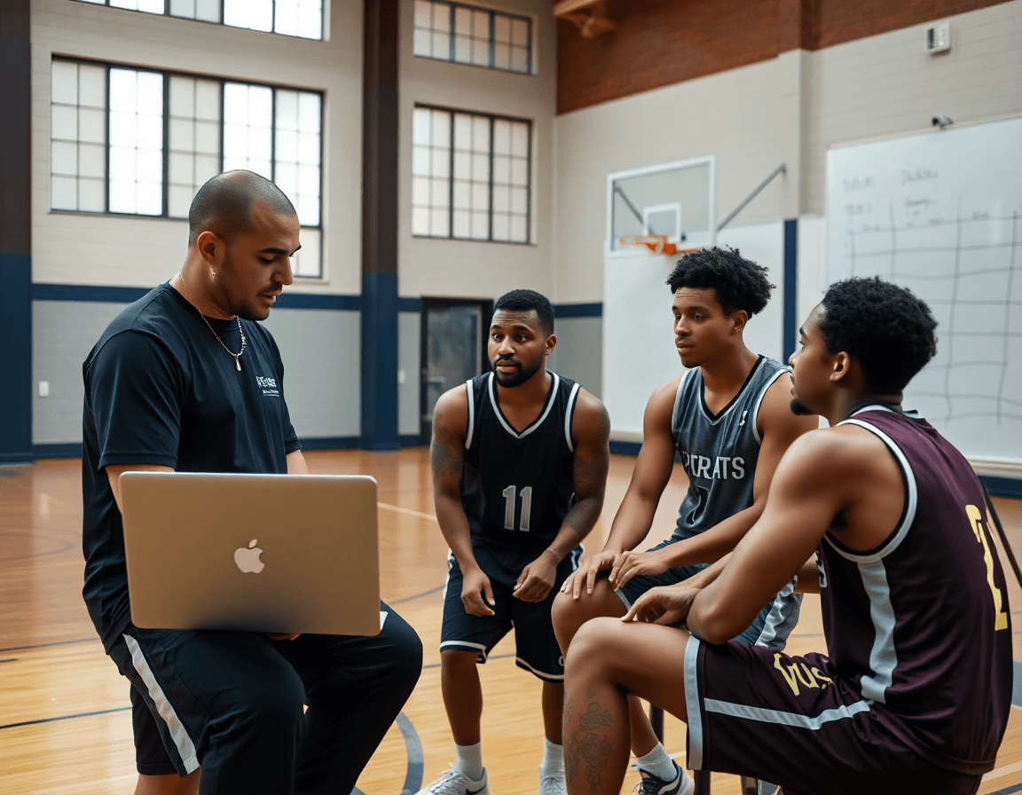 Coach et joueurs révisent des clips d exercice basket U15 sur un ordinateur portable après l entraînement.