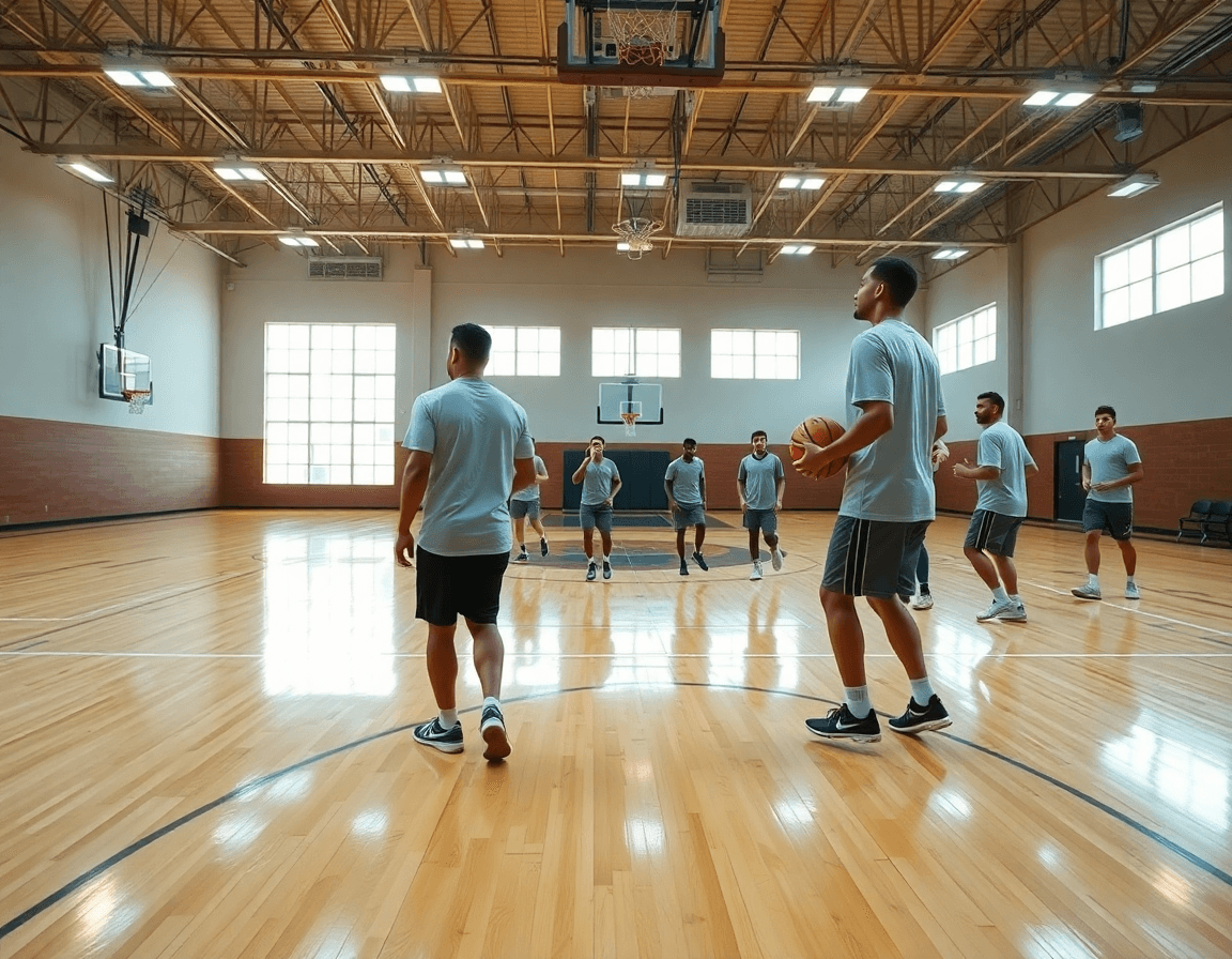 Exercice basket U15 sur un terrain intérieur, entraîneur avec tableau blanc et joueurs concentrés.