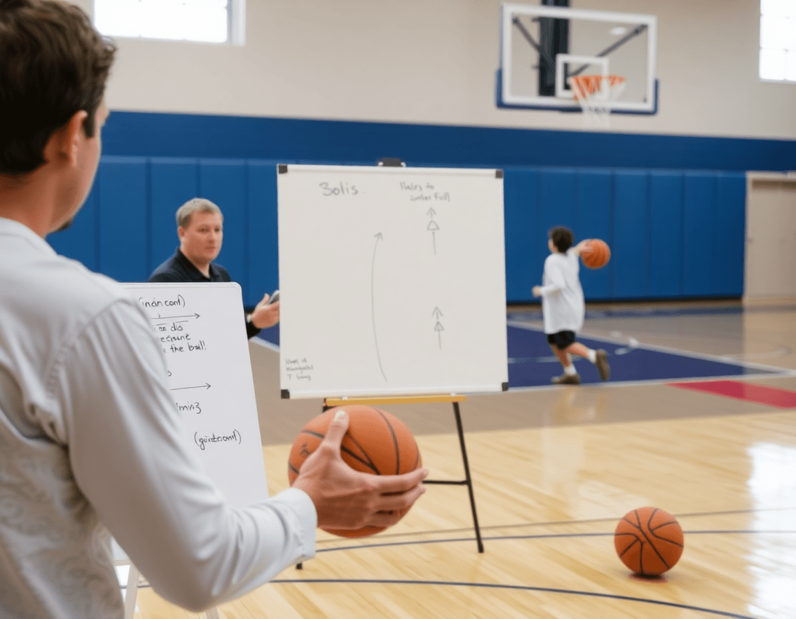 Diagramme visuel pour exercice basket U15 seul avec coach et table blanche.