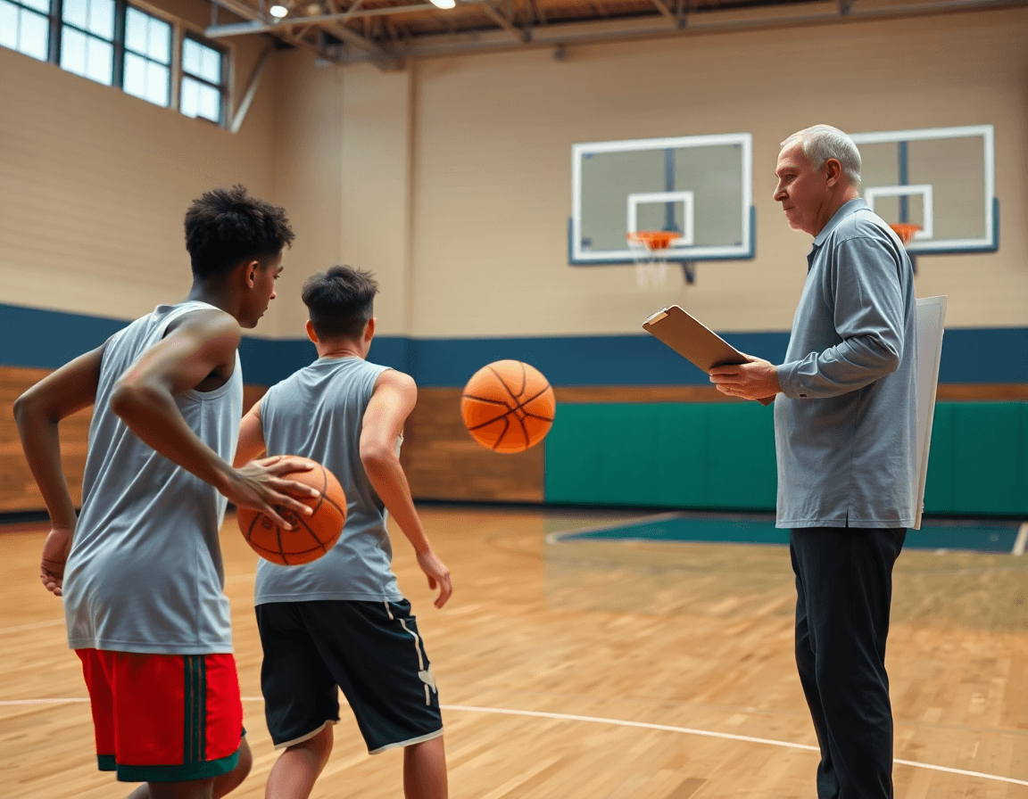 Exercice basket U17: vue d'ensemble du gymnase de basket, coach et joueurs sur le terrain.