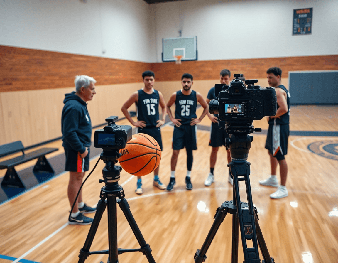 Exercice basket U17 en planification: coach et joueurs analysent la semaine sur une tablette dans le gymnase.