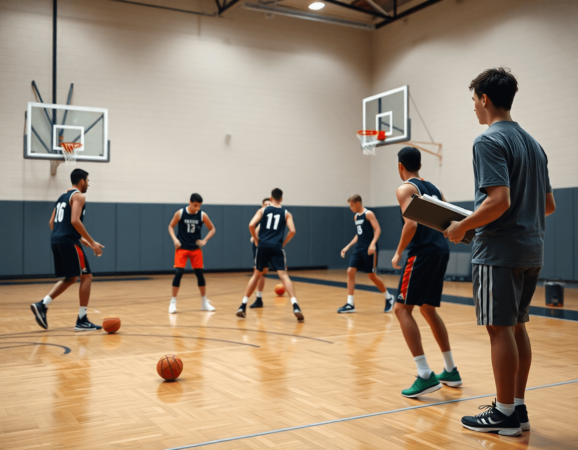 Exercice basket U17: deux équipes s'affrontent sur le court, entraîneur observant discret.