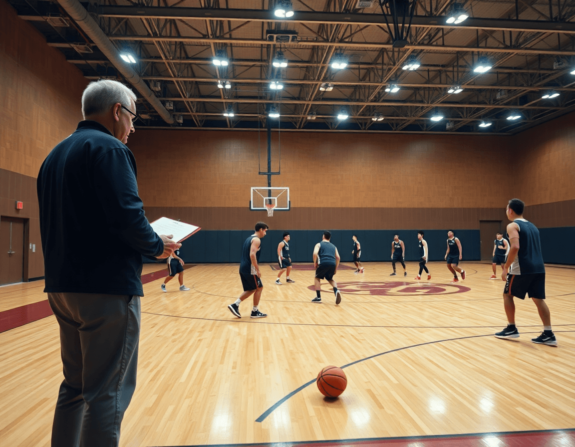 Exercice basket U17: vue générale du gymnase de basket, coach et joueurs sur le terrain.