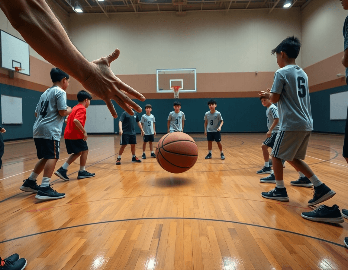 Premier plan sur exercice basket u9 et plan hebdomadaire sur le terrain intérieur.