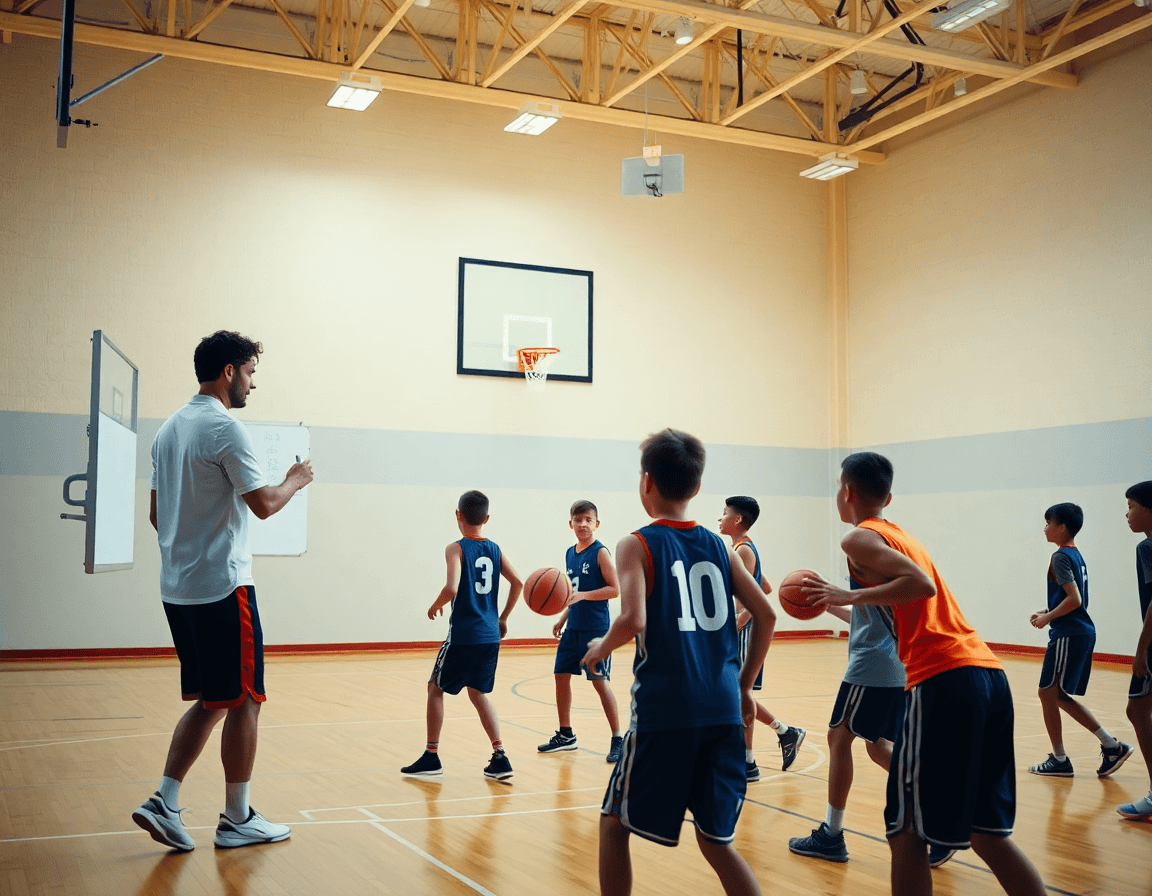 Workflow étape par étape pour exercice basket u9 sur terrain intérieur moderne.