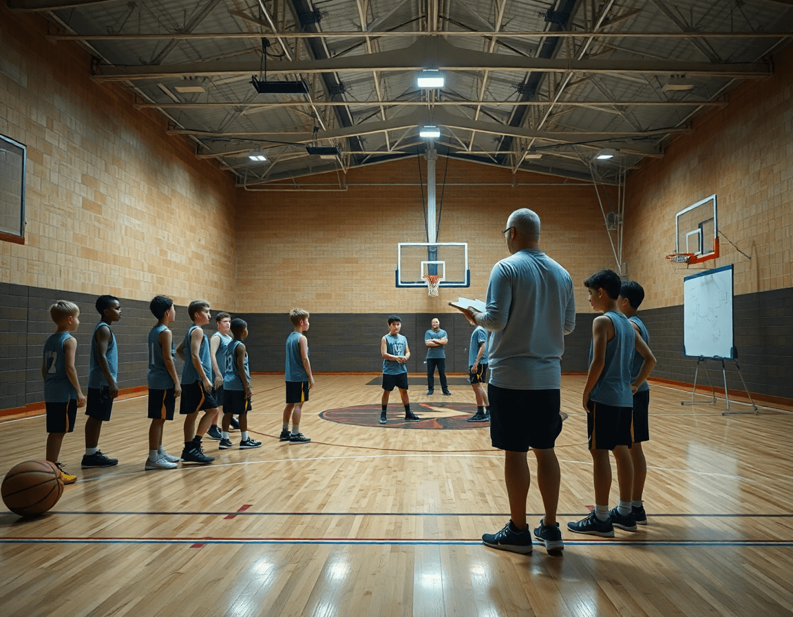 Vue large d'un gymnase de basket où se prépare un exercice basket u9 avec l'équipe.