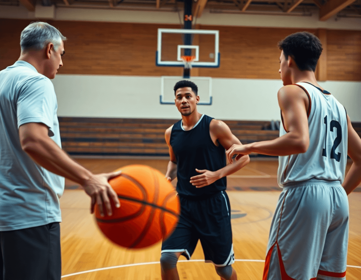 exercice basketball débutant en action: un coach corrige les passes, les appuis et les positions.