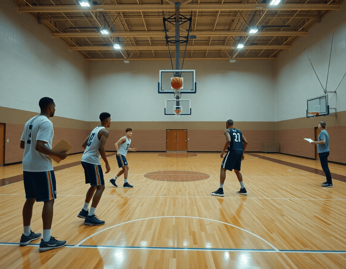 exercice basketball débutant en atelier collectif: l'équipe travaille l'entraide et le tir de près.