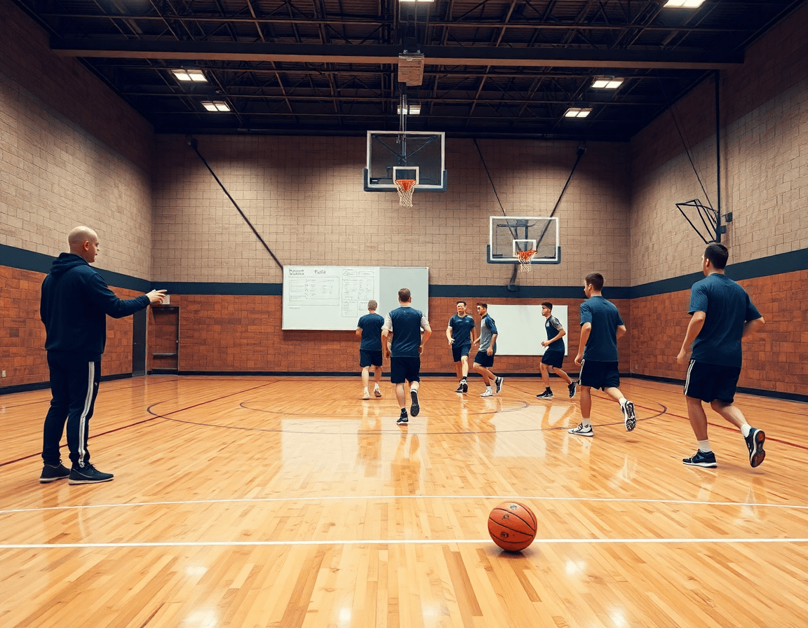 Vue d'ensemble d'un exercice basketball débutant en gym: coach et équipe sur le terrain, séance active.