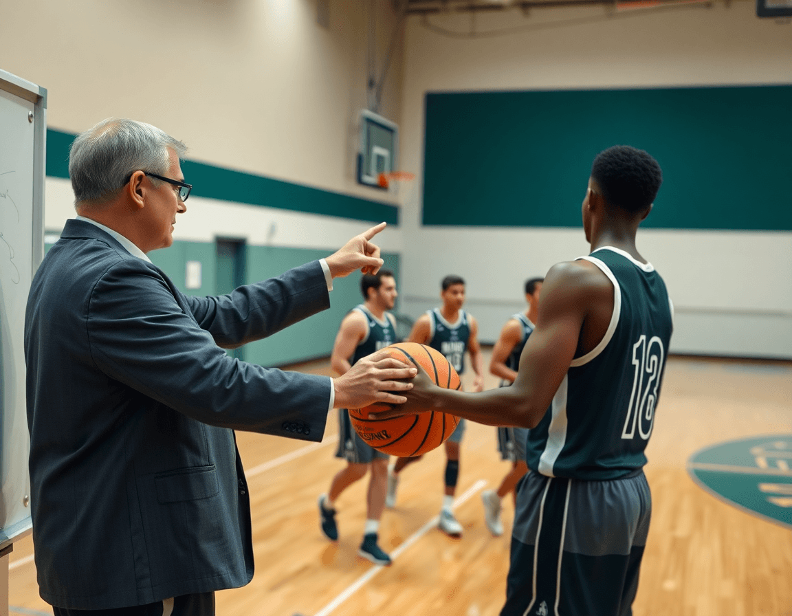Exercice basketball individuel pdf en action: coach discute, joueurs s'entraînent sur le terrain.