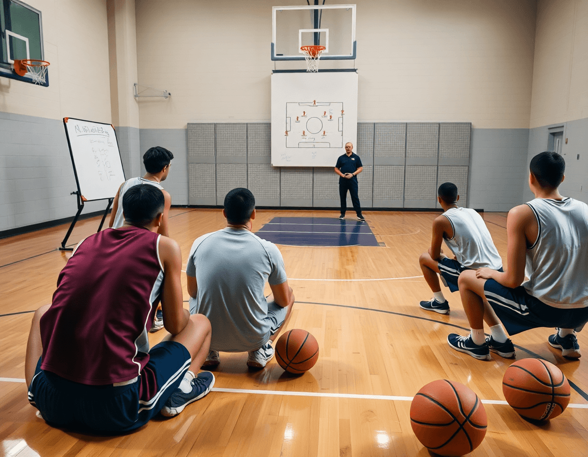 Exercice basketball individuel pdf en mouvement: joueurs sur le terrain et coach qui supervise.