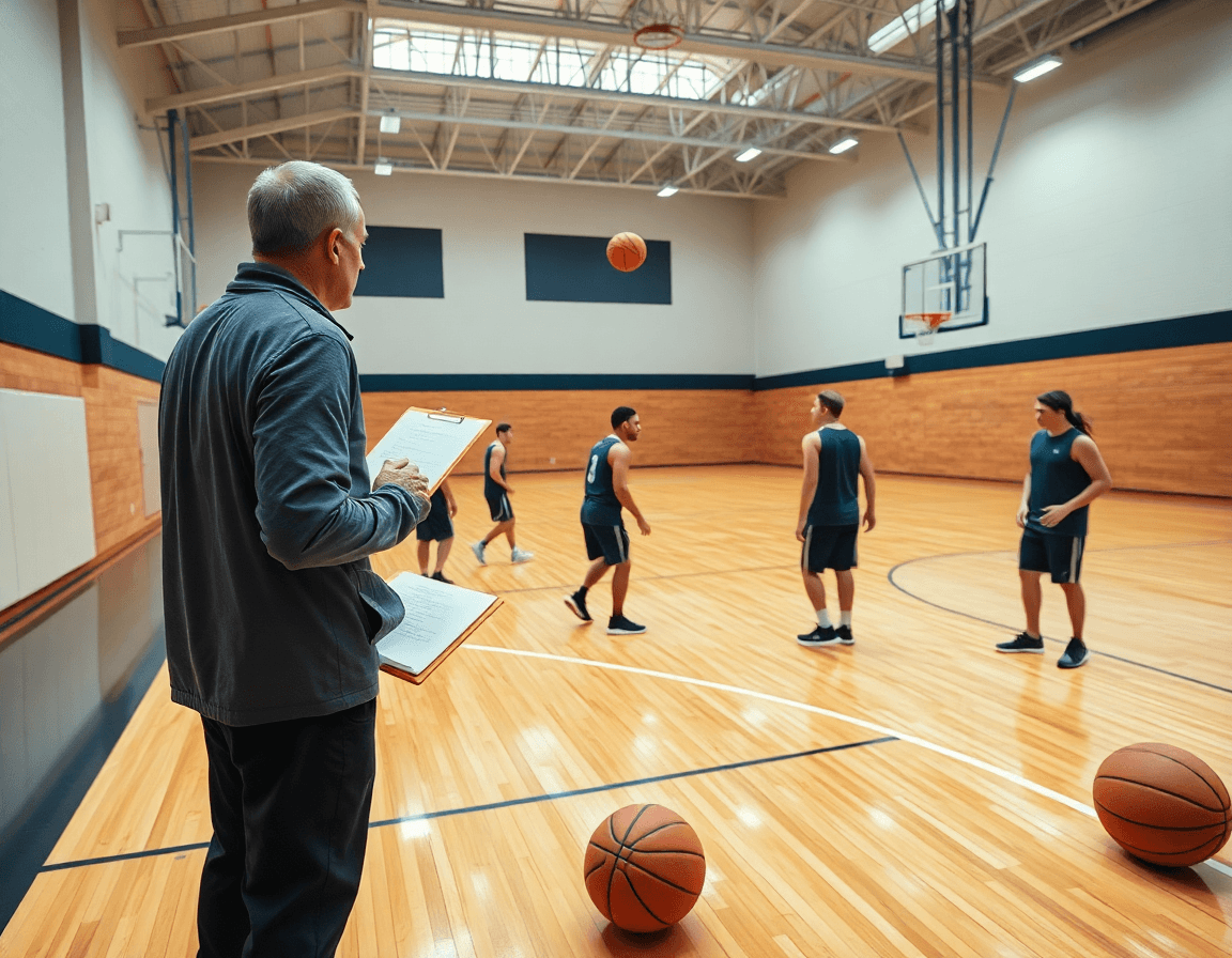 Vue large sur un terrain de basketball, coach et équipe en entraînement, évoquant exercice basketball individuel pdf.