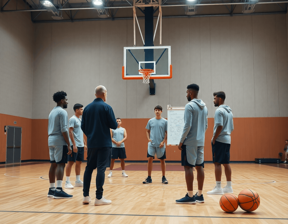 Héros: exercice basketball en salle avec l'entraîneur et l'équipe en séance complète et concentrée.