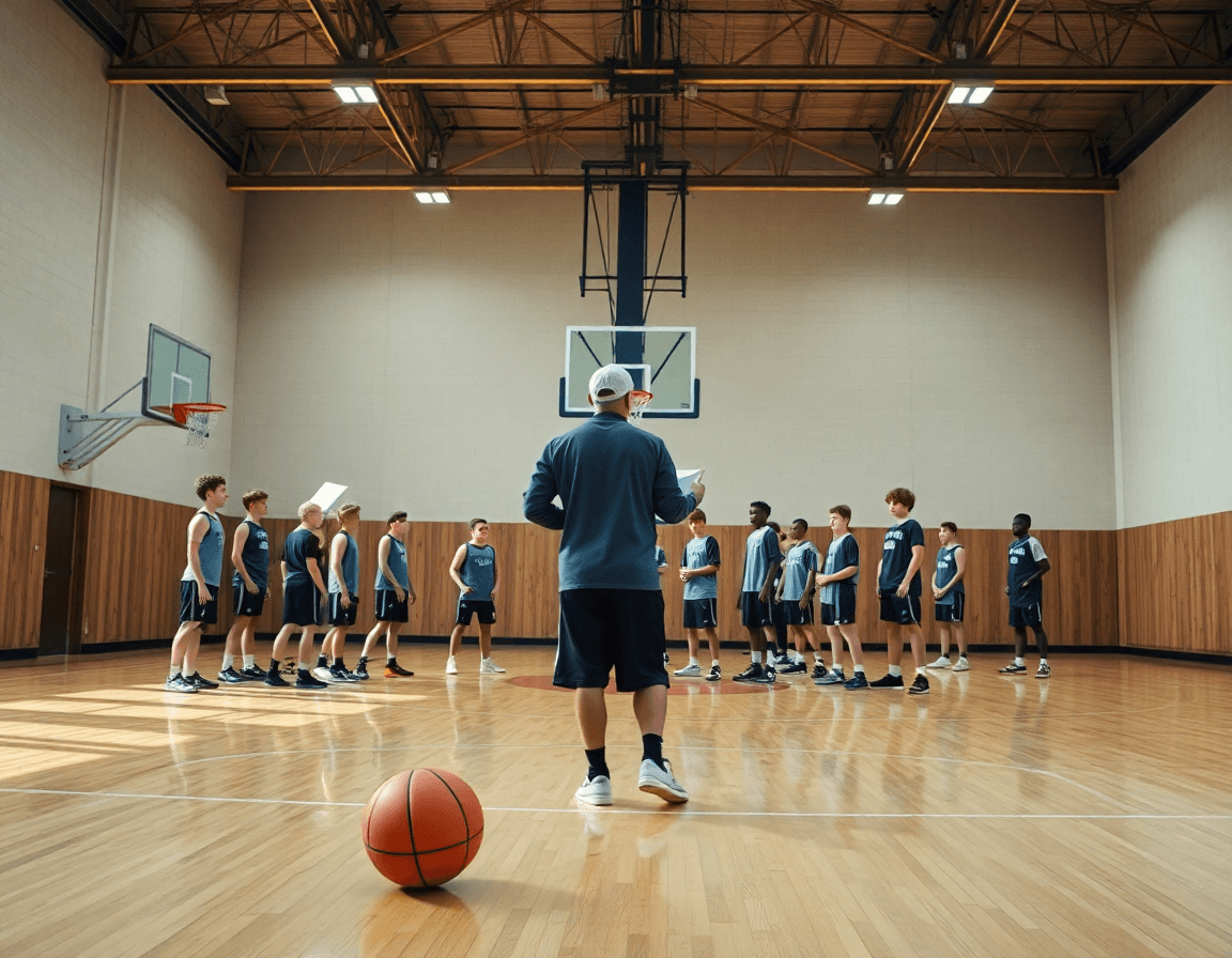 Vue d'ensemble d'un entraînement de basketball, exercice basketball u13 pdf en cours sur court