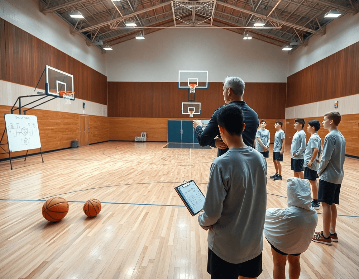 Vue d'ensemble: exercice basketball u13 sur le terrain intérieur, coach et équipe en plein entraînement.