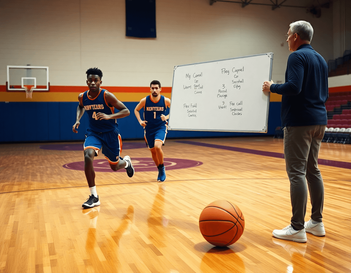 Plan serré montrant l'exercice contre attaque basket u11 avec coach et passes près du ballon.