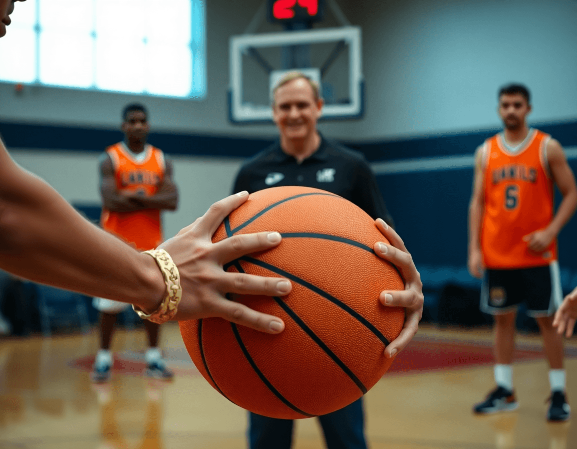 Plan serré sur les mains tenant une basket orange pendant l'exercice contre attaque basket u11.