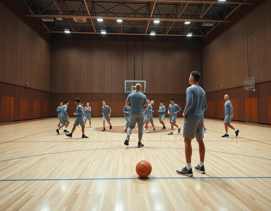 Vue panoramique d'un gymnase de basketball montrant l'exercice contre attaque basket u11 avec coach et joueurs.