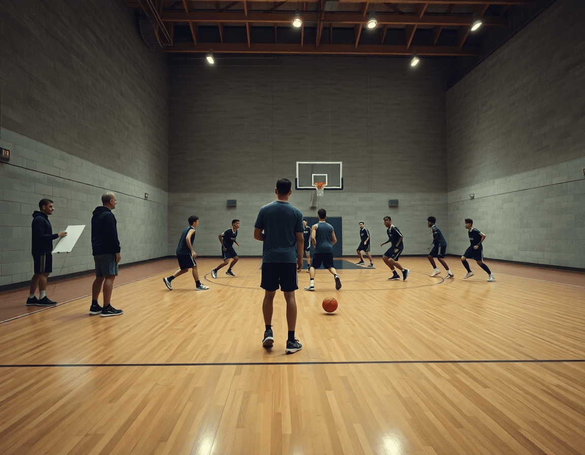 Plan d'image: exercice contre attaque basket u13 en progression, coach dirigeant une séance exigeante sur le terrain.